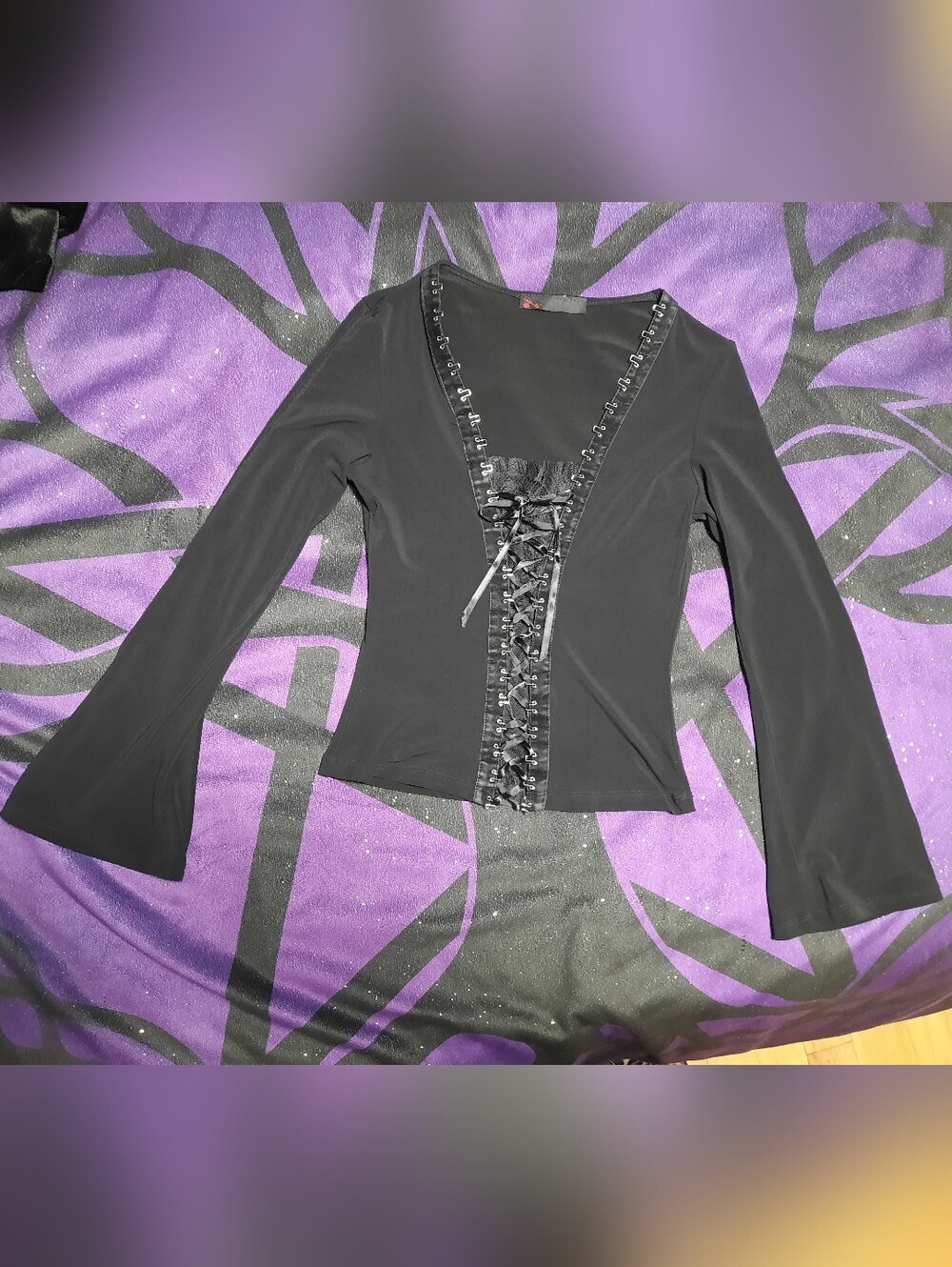 Gothic Black Lace-Up V-Neck Bell Sleeve Top